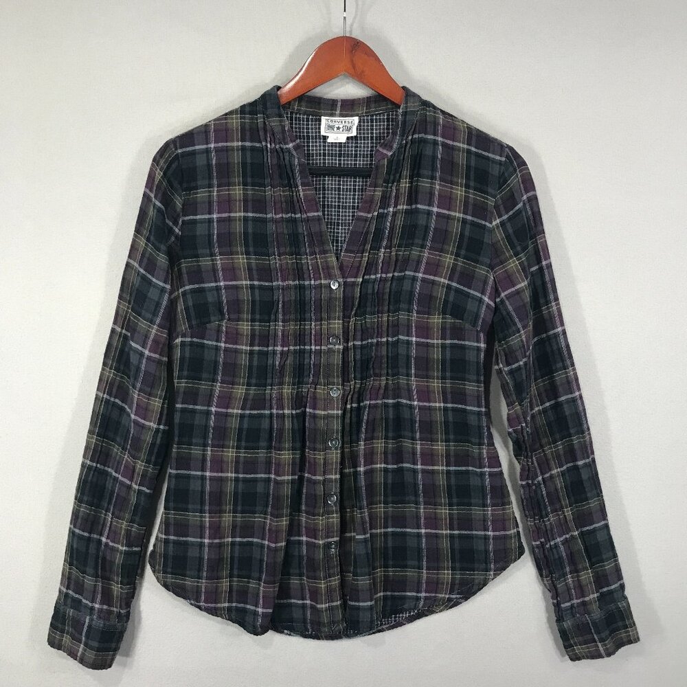Converse One Star Shirt Women's Small Purple Plaid V-Neck Button Up Long Sleeve